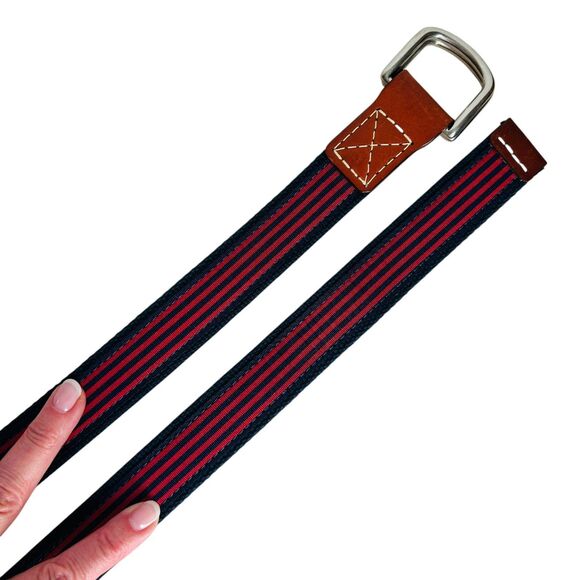 Navy Blue and Red Striped Belt Size L XL Brown Leather  Ends Unisex Men Women - Picture 4 of 6